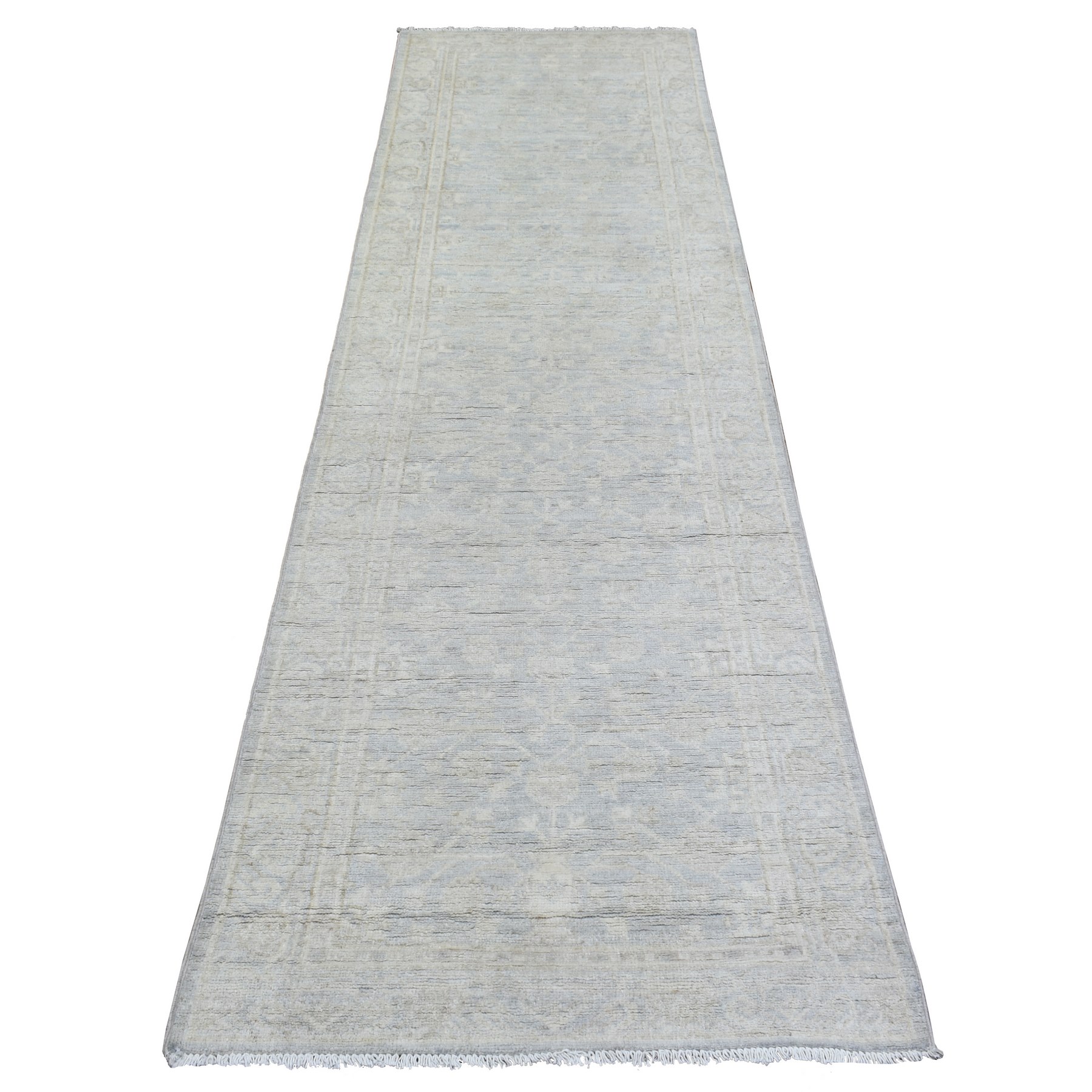 2'8"x9'6" Silver Blue, Hand Knotted Washed Out Peshawar with All Over Design, Natural Dyes Soft and Shiny Wool, Runner Oriental Rug 